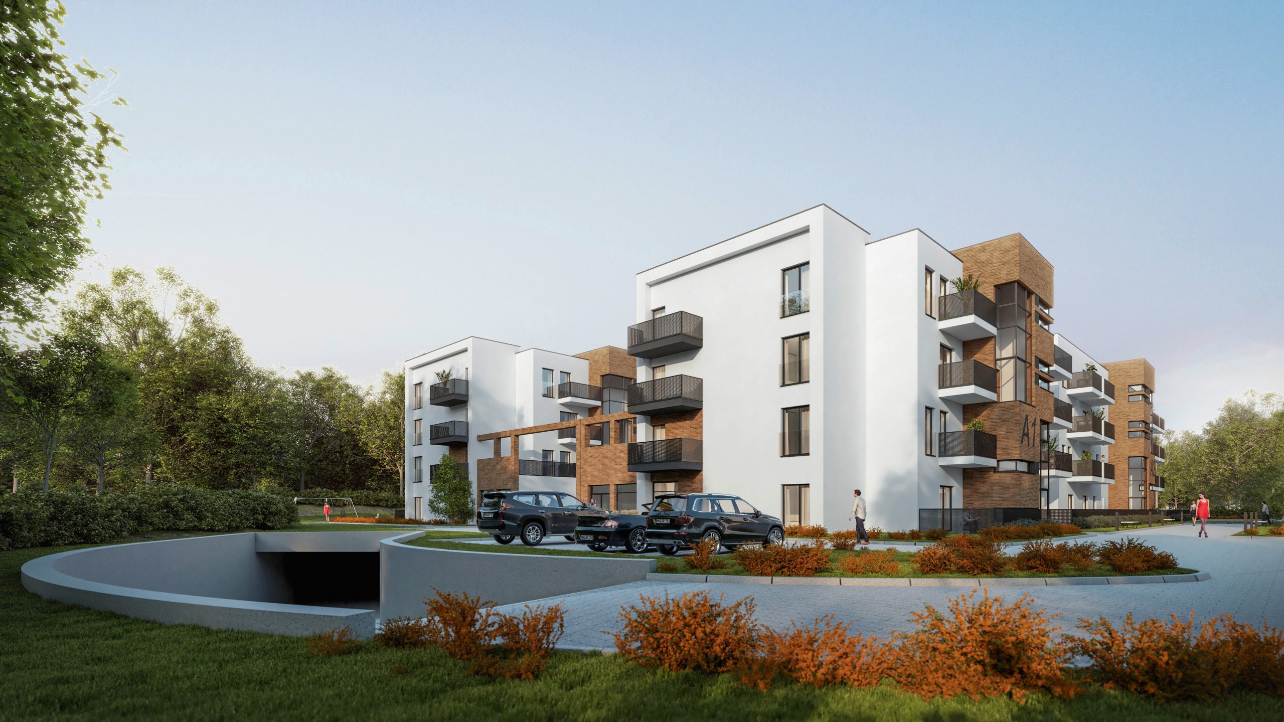 Wizualizacja zespołu wielorodzinnego na ulicy Kolejowej w Świdnicy- ujęcie z horyzontu człowieka od podwórka