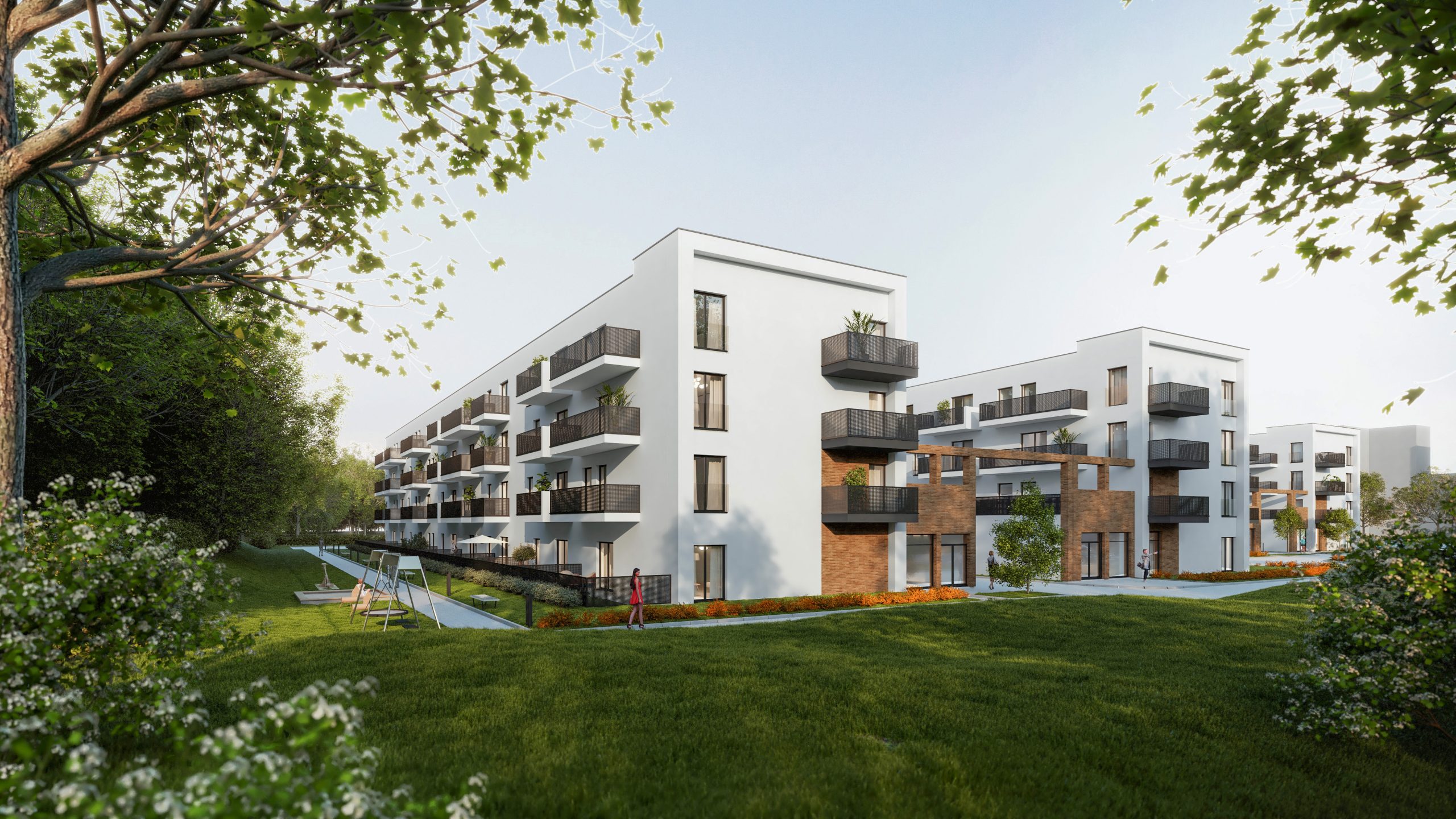 Wizualizacja zespołu wielorodzinnego na ulicy Kolejowej w Świdnicy- ujęcie z horyzontu człowieka od strony Parku Młodzieżowego