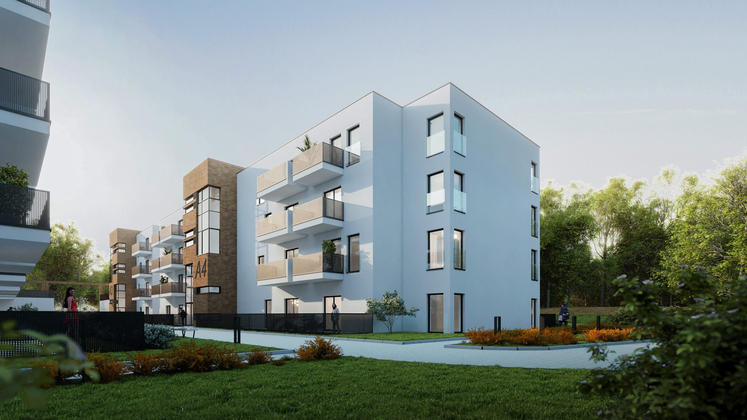 Wizualizacja zespołu wielorodzinnego na ulicy Kolejowej w Świdnicy- ujęcie z horyzontu człowieka we wnętrzu nr1