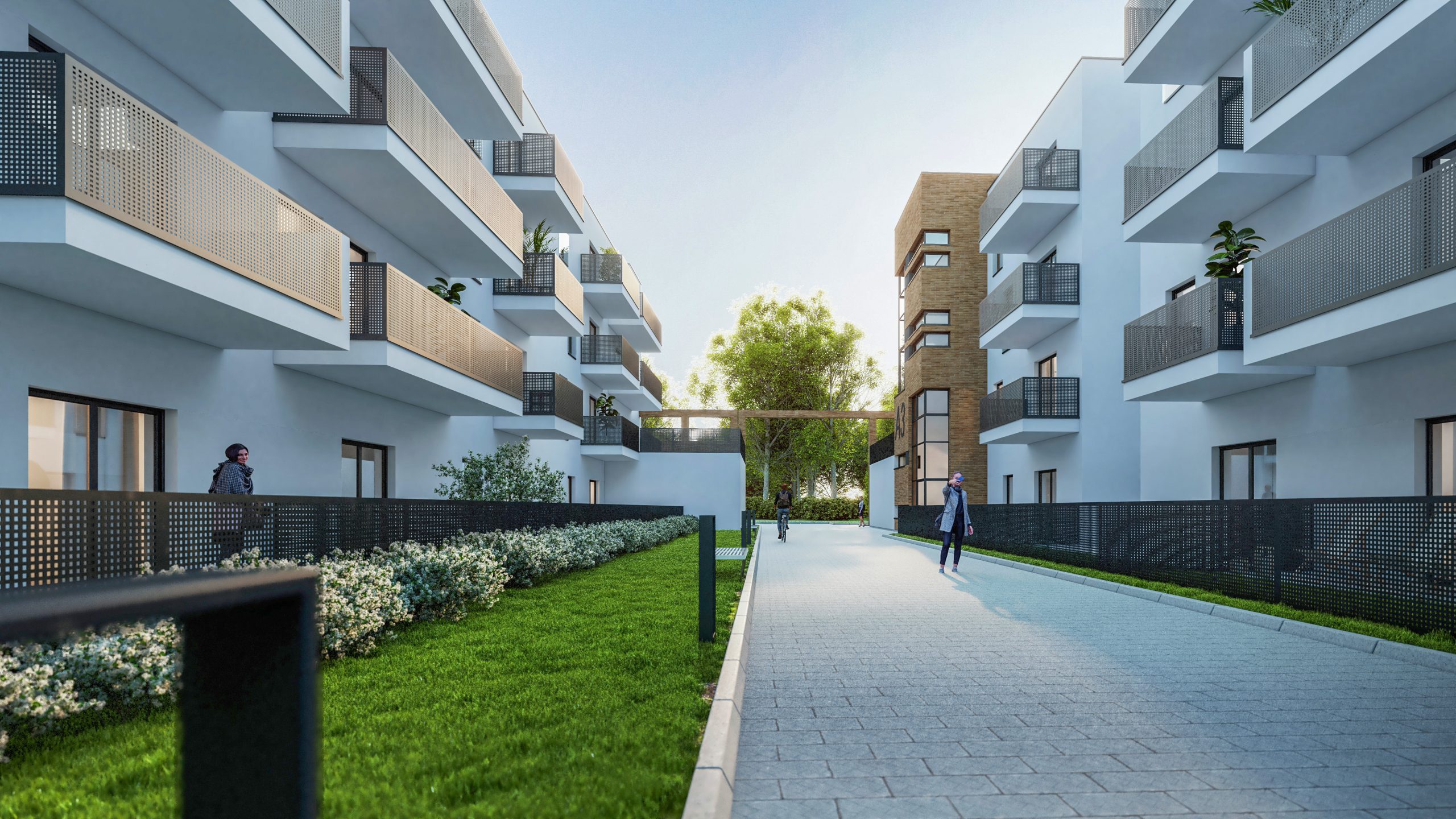 Wizualizacja zespołu wielorodzinnego na ulicy Kolejowej w Świdnicy- ujęcie z horyzontu człowieka we wnętrzu nr2