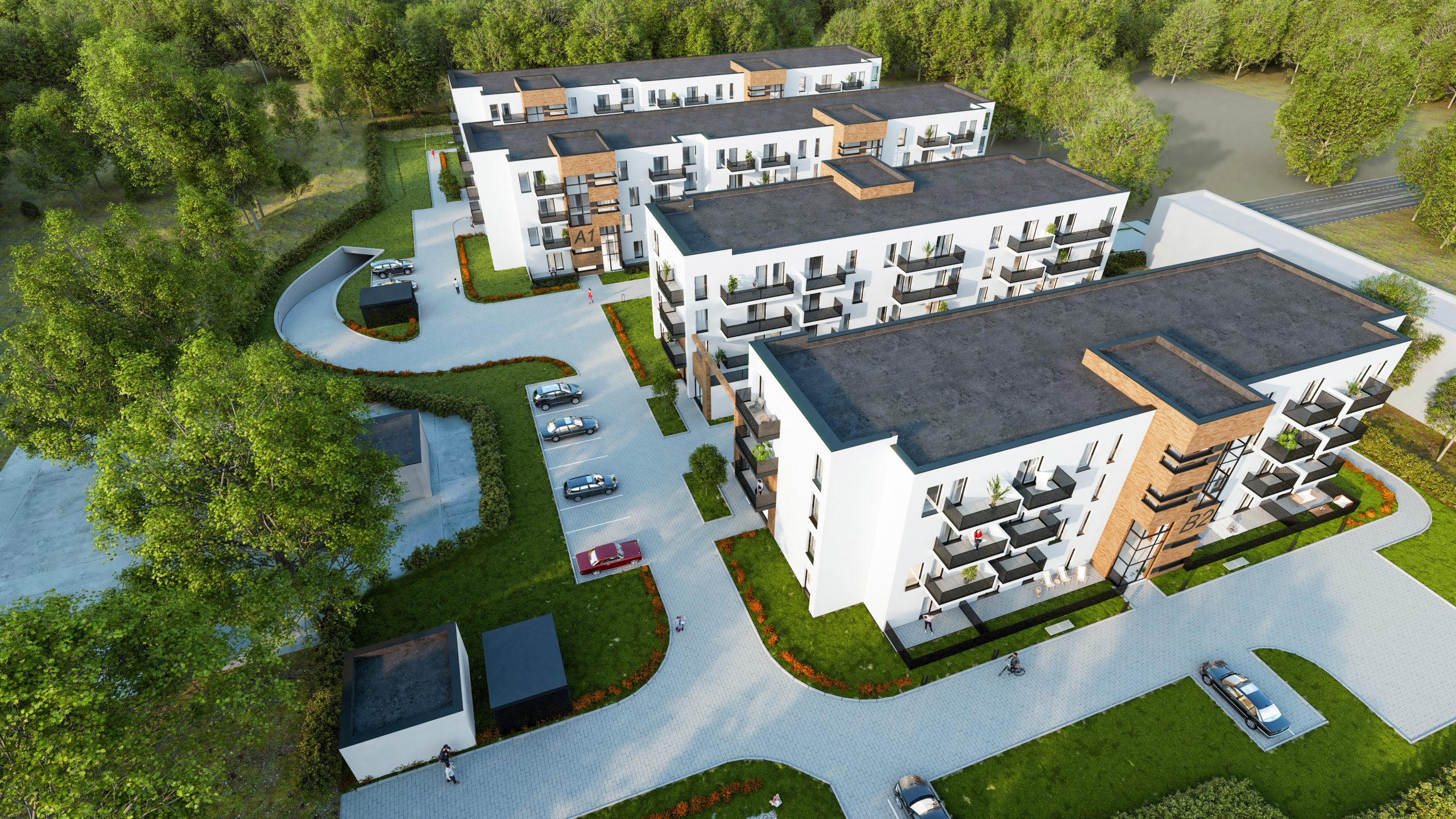 Wizualizacja zespołu wielorodzinnego na ulicy Kolejowej w Świdnicy- ujęcie z lotu ptaka