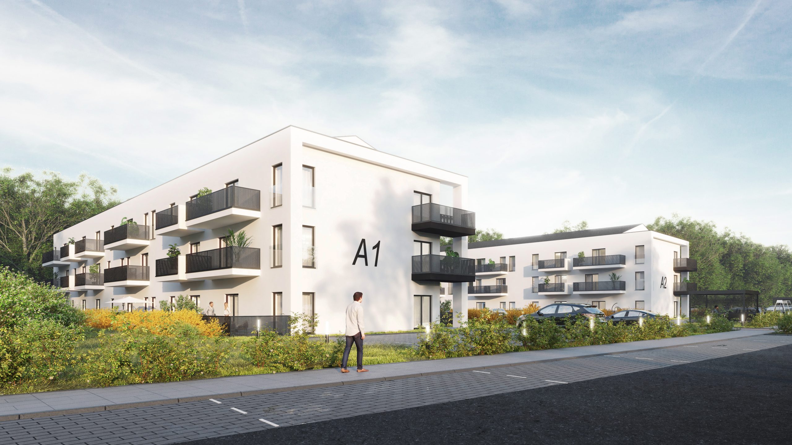 Wizualizacja budynków wielorodzinnych na ulicy Wodnej w Strzegomiu-ujęcie z perspektywy człowieka od strony ulicy nr1