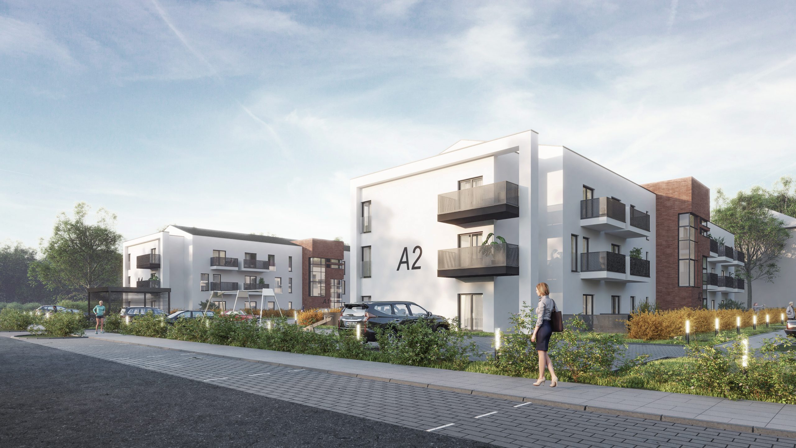 Wizualizacja budynków wielorodzinnych na ulicy Wodnej w Strzegomiu-ujęcie z perspektywy człowieka od strony ulicy nr2