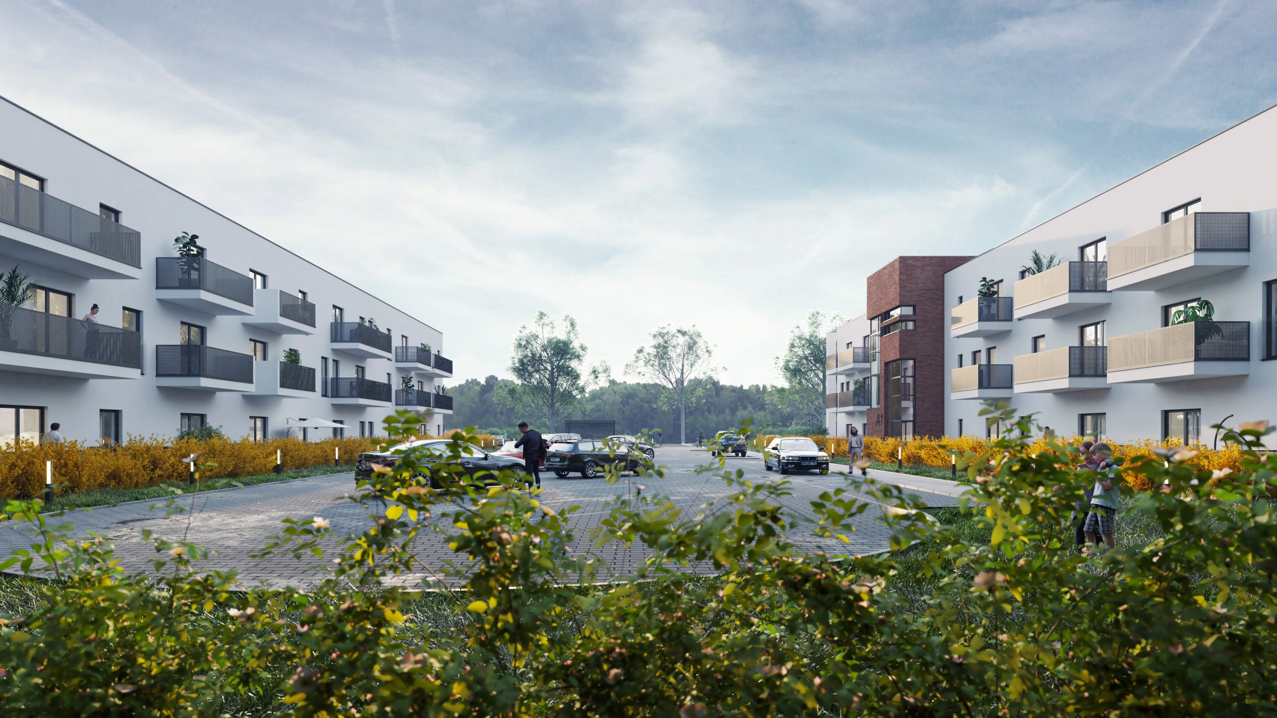 Wizualizacja budynków wielorodzinnych na ulicy Wodnej w Strzegomiu-ujęcie z perspektywy człowieka stojącego na parkingu