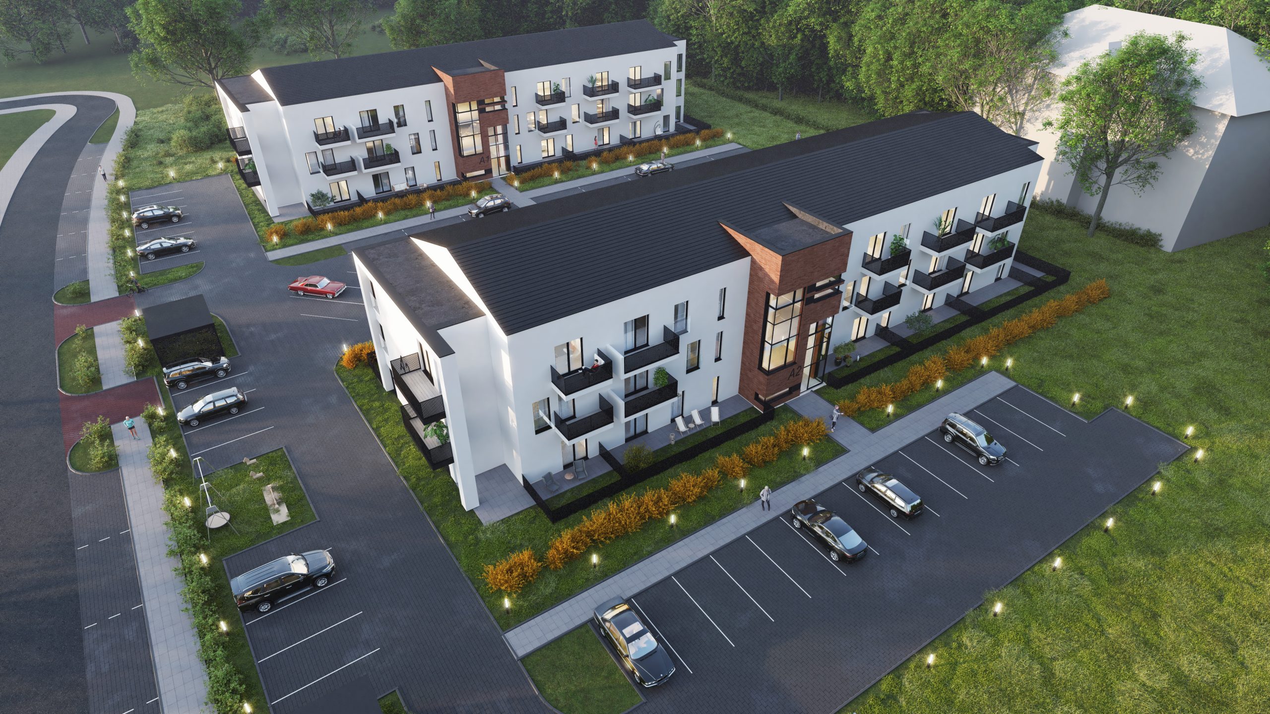 Wizualizacja budynków wielorodzinnych na ulicy Wodnej w Strzegomiu-ujęcie z lotu ptaka