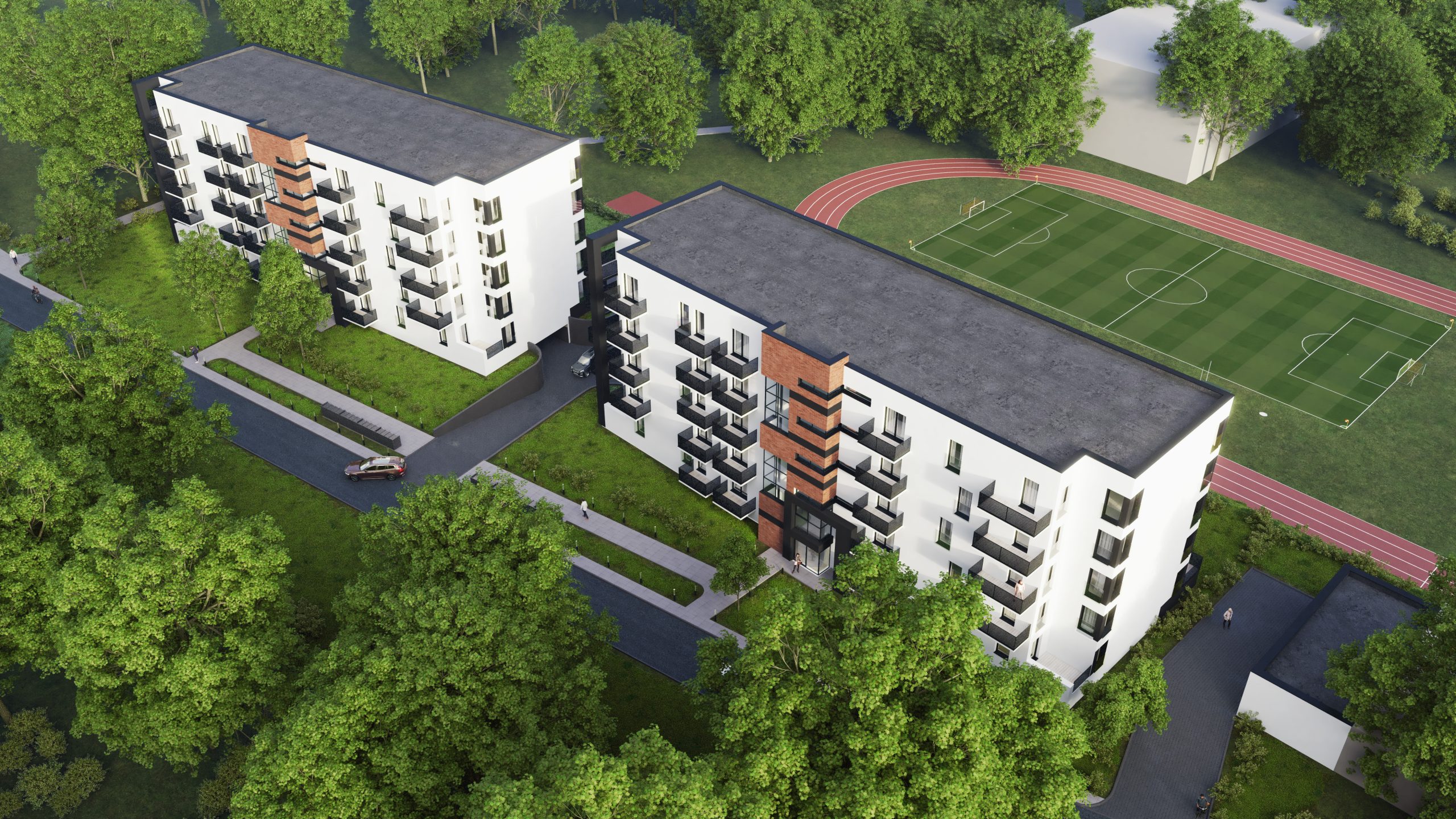 Wizualizacja budynków wielorodzinnych na ulicy Parkowej w Strzegomiu-ujęcie z lotu ptaka