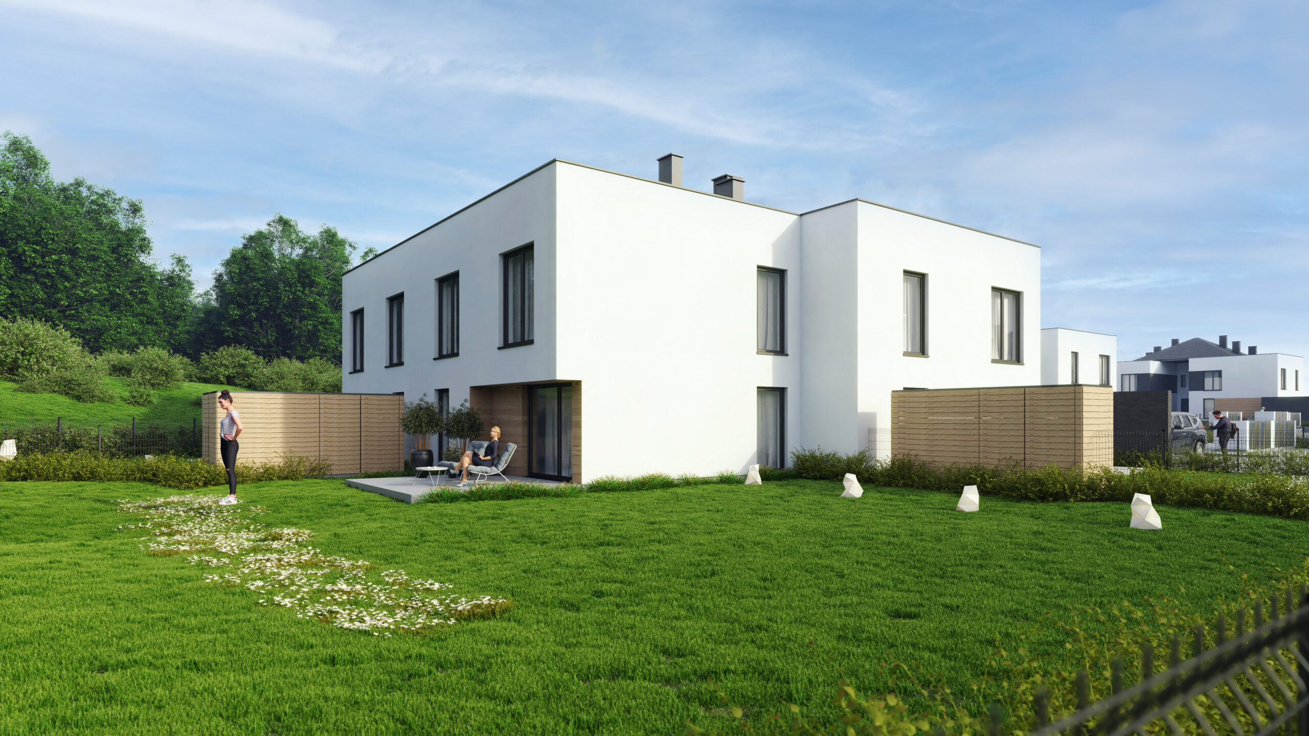 Wizualizacja budynku jednorodzinnego na ulicy Sudeckiej w Świdnicy-ujęcie z horyzontu człowieka na boczną i tylną elewację