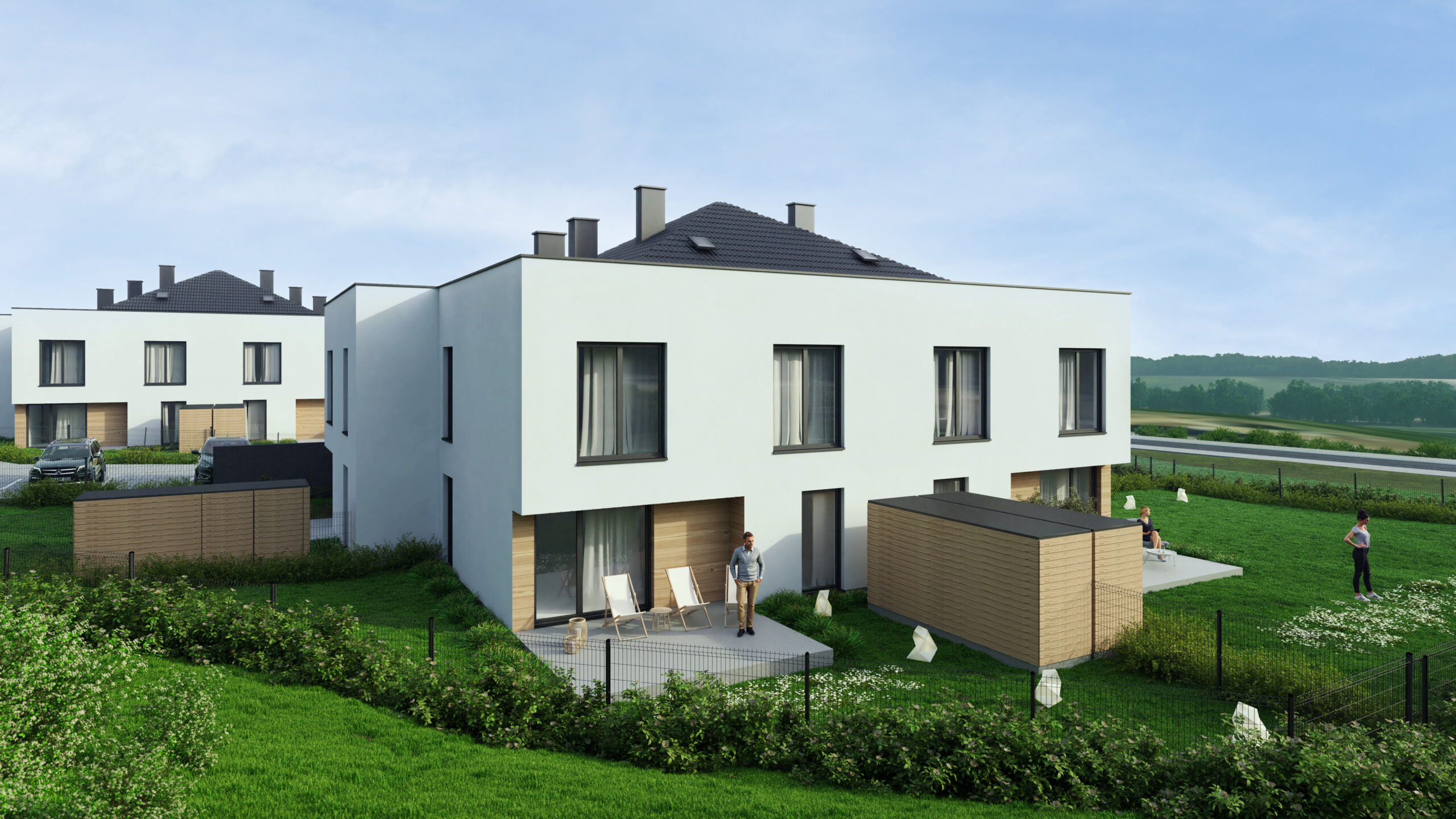 Wizualizacja budynku jednorodzinnego na ulicy Sudeckiej w Świdnicy-ujęcie z horyzontu człowieka na tylną elewację